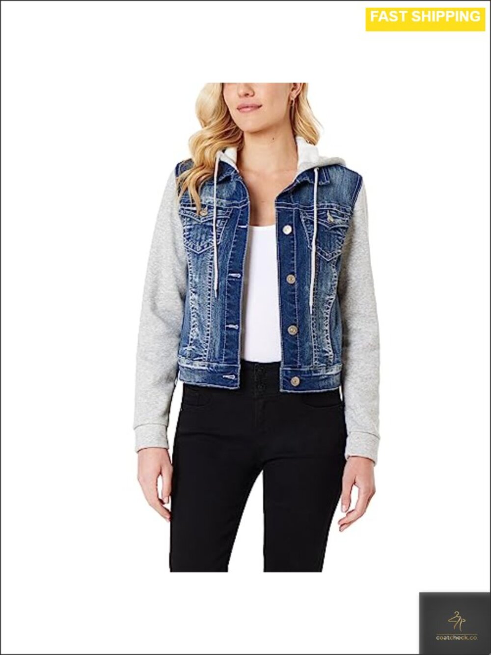 Denim Hoodie Jacket with Knit Sleeves, Slim or Oversized, Juniors & Plus
